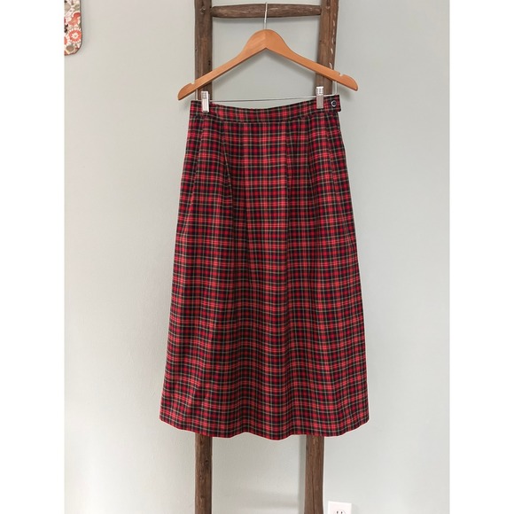 Pendleton Plaid Midi Skirt Pure Virgin  Wool  A-Line  Red Black Size 12 - Picture 3 of 5